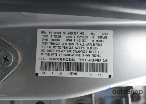 2006 Honda Accord 2.4 Se from USA, damaged, VIN 1HGCM56366A036294